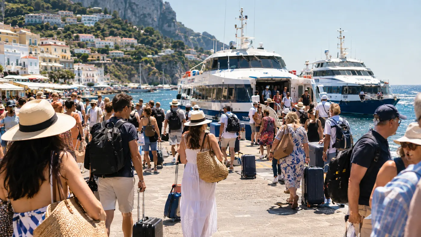 La folla degli escursionisti in banchina a Marina Grande in alta stagione