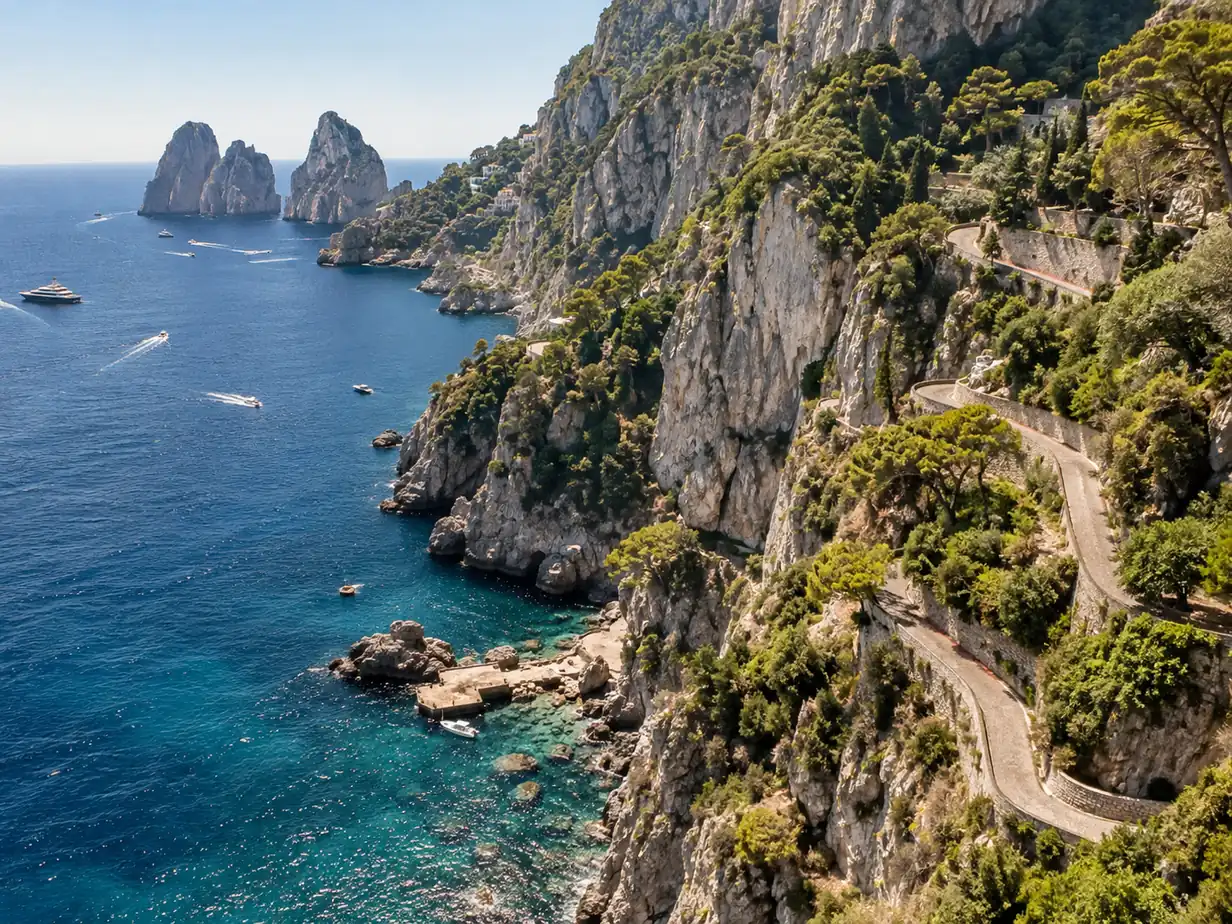Due percorsi per lo stesso approdo: il motoscafo da Marina Grande, oppure il bus e le scale da Anacapri