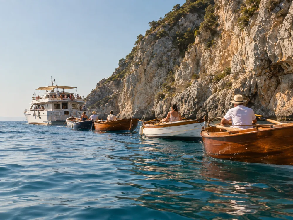 La fila delle barche a remi in attesa davanti alla Grotta Azzurra